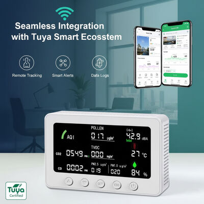 ราคาดี เครื่องตรวจจับ IAQ อัจฉริยะ Tuya 10-in-1 ที่ได้รับการรับรอง CE FCC OEM ODM, เครื่องวัด PM1.0/PM2.5/CO2/CO/TVOC/POLLEN/AQI พร้อม RS485 ออนไลน์